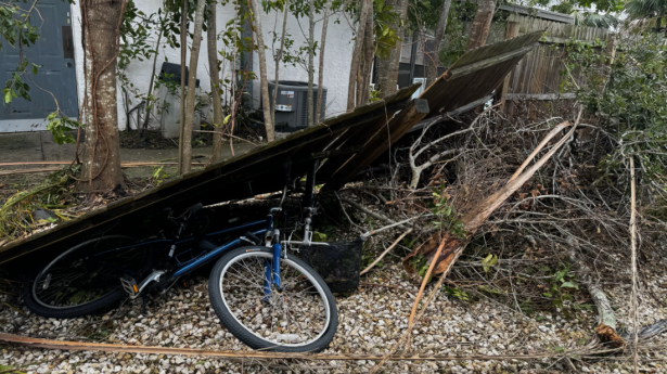 Bicycle laying down amidst trees and home damage after Hurricane Milton.