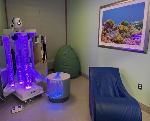 Sensory room with glow in the dark testing, a lounge chair, picture of fish.