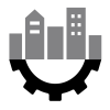 circle with the top as buildings and the bottom is a gear