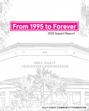sketched outline of a building, on the front of the page in pink box says "From 1995 to Forever, 2025 Impact Report"
